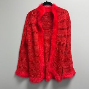 Red Knit Cardigan w Faux Fur Trim Open Front Cozy Sweater S/M